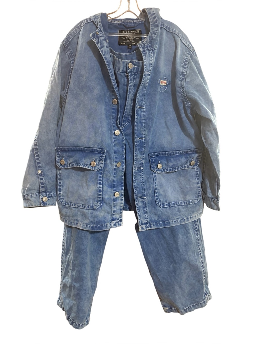 True Religion Men’s Big T Chore blue denim wash hooded jacket and jeans